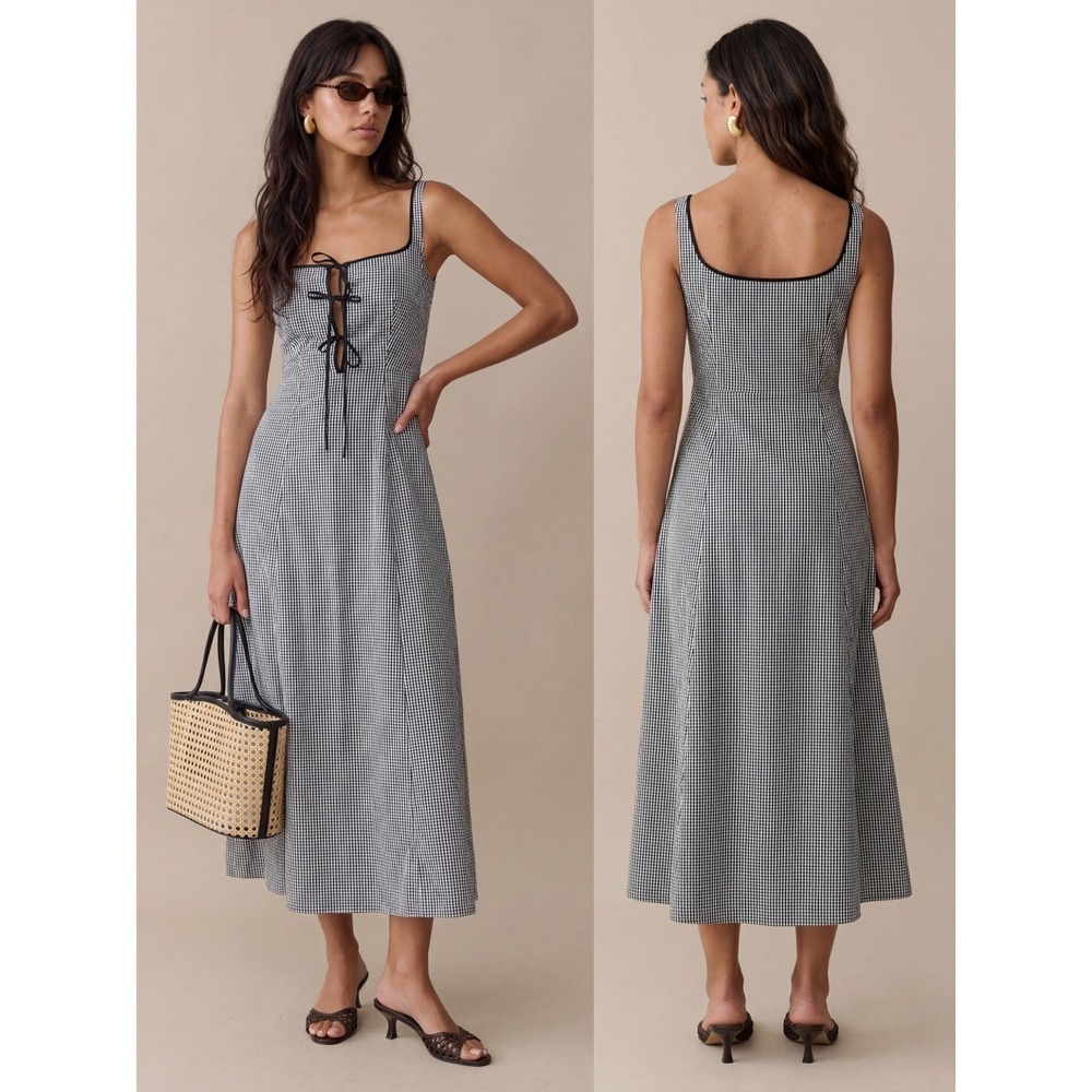 NWT o.p.t Babette Cotton Midi Dress in Black Gingham - Size 8